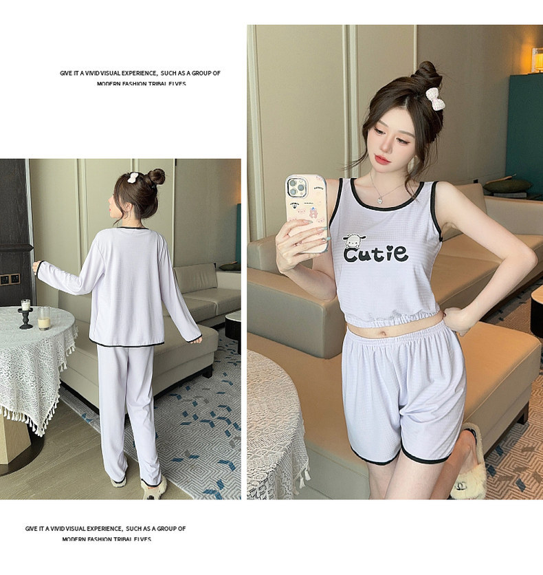 带胸垫睡衣女春秋长袖四件套夏季吊带背心可爱卡通2024新款家居服详情34