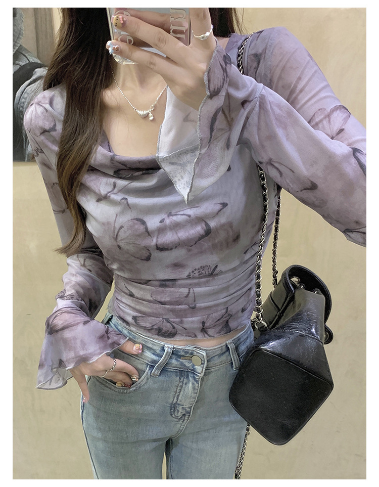 实拍纯欲防晒网纱T恤2024早秋季新款纯欲褶皱不规则气质性感上衣详情16