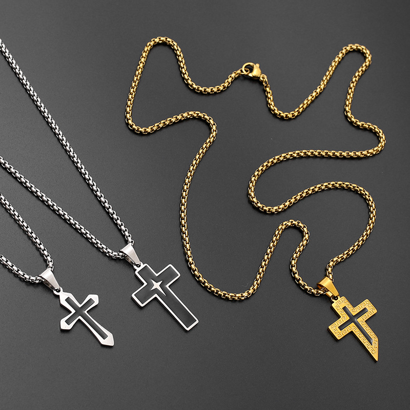 Cross-border European and American oil-dripping cross necklace for men, punk hip-hop simple and versatile long titanium steel necklace for both men and women pic 11