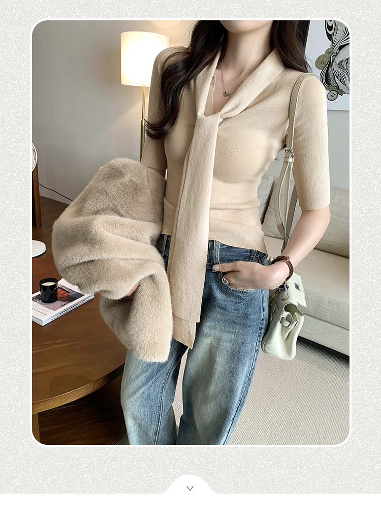 法式别致辣妹V领系带修身短袖针织衫女春夏2025新款气质显瘦上衣详情3