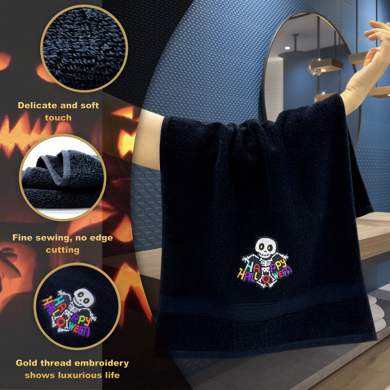 跨境批发纯棉毛巾浴巾四条装 全棉吸水刺绣万圣节圣诞节新年礼物详情12