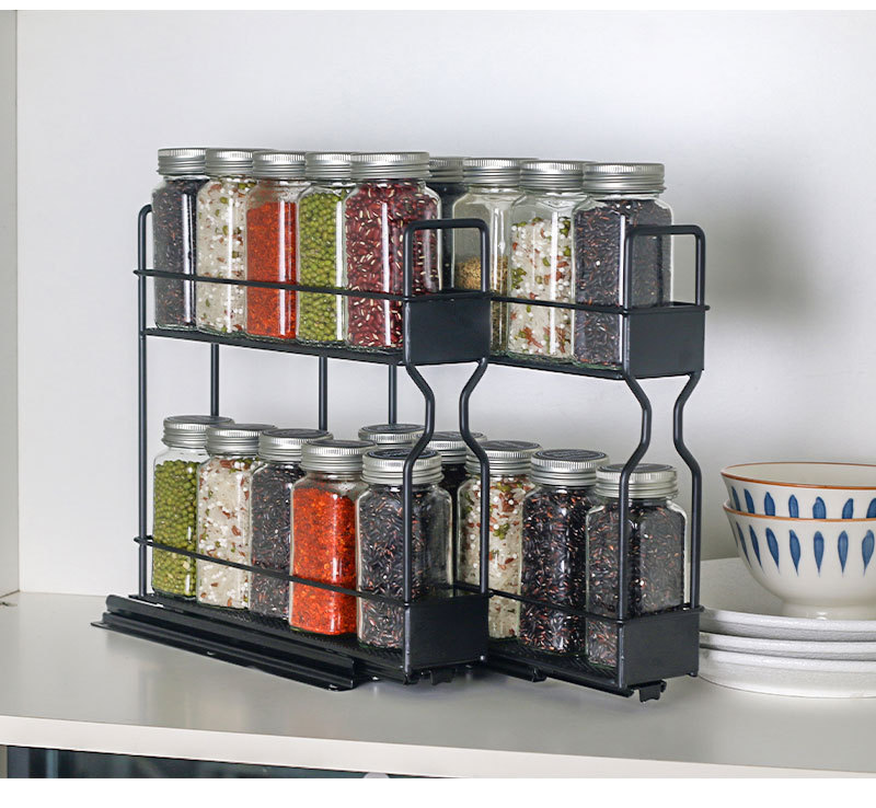 跨境双滑轨厨房调料架可抽拉调料瓶收纳架橱柜双层多用途置物架子详情9