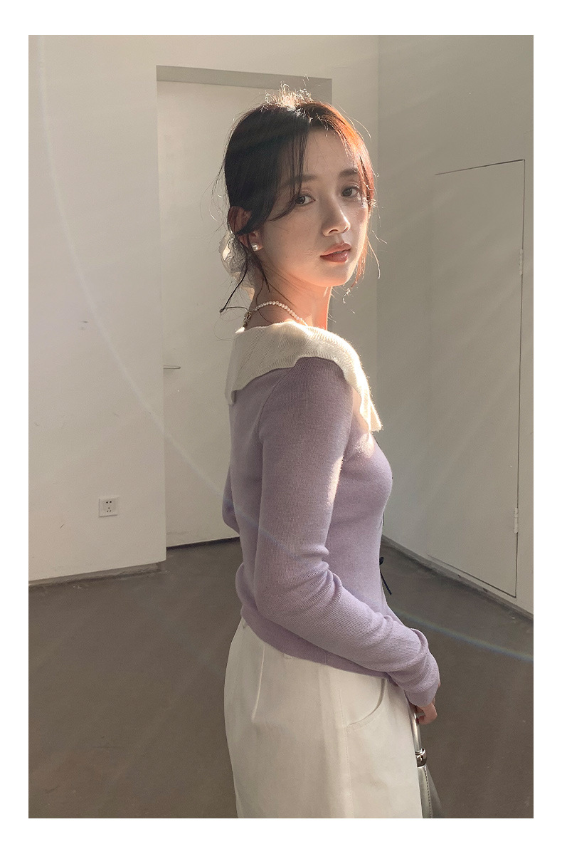 衣尔衫 设计感 假两件娃娃领蝴蝶结针织衫女短款温柔修身气质0337详情28