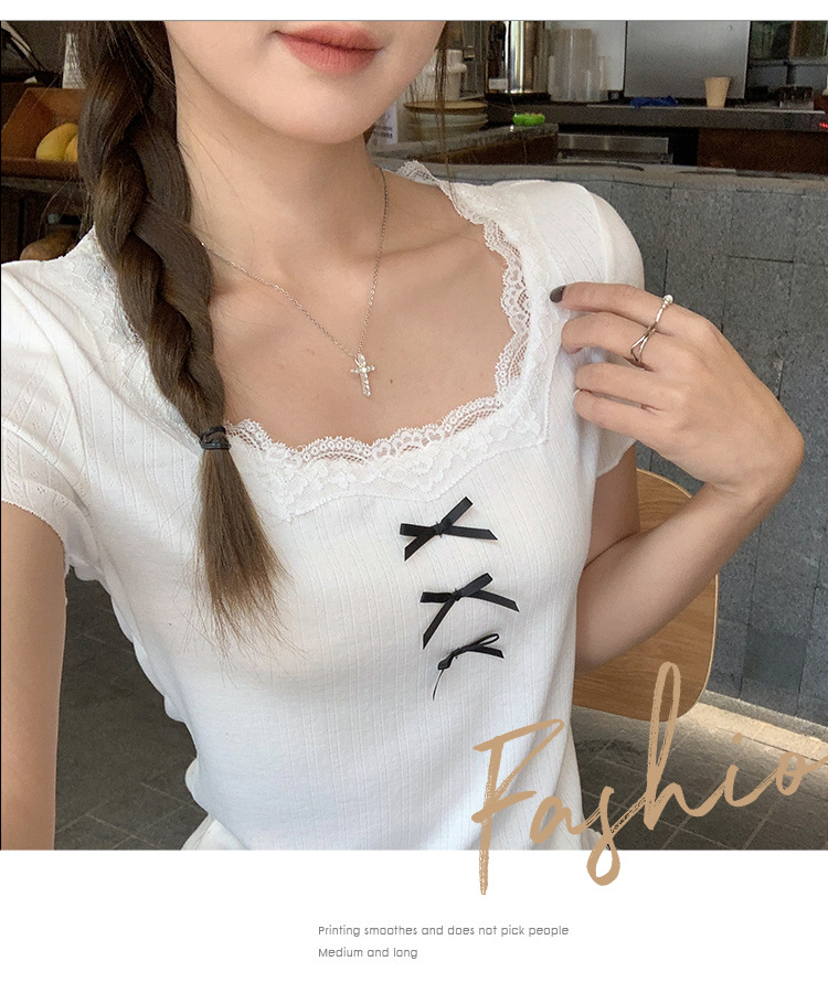 新款芭蕾风蕾丝拼接U领短袖T恤春季女装蝴蝶结木耳边气质绝美上衣详情12