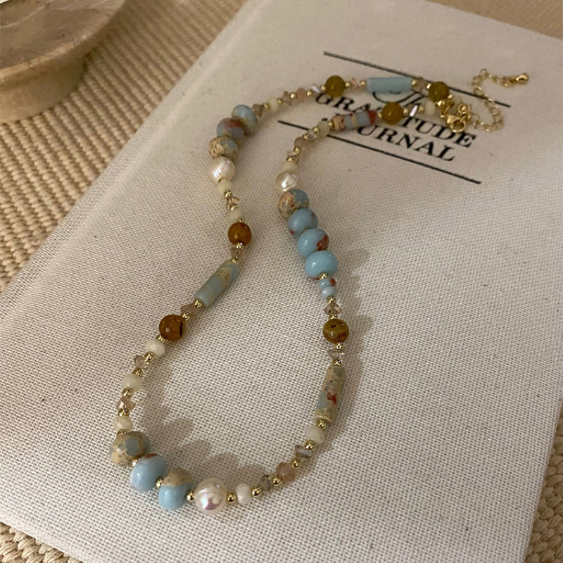 淡水珍珠彩色寿山石手工串珠项链时尚琉璃珠设计感个性颈链锁骨链详情4