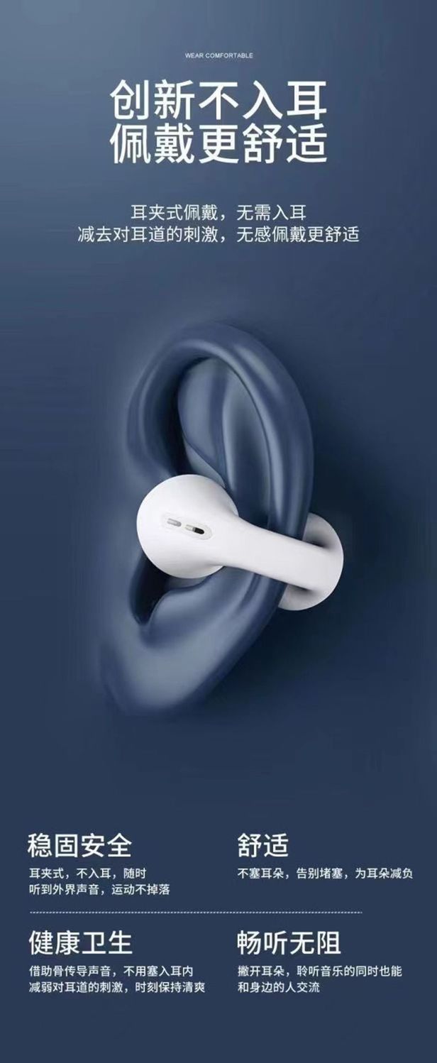 PRO102 ear-clip wireless Bluetooth Headphones feature long battery life for calls and sports, aemai high-quality sound, and comfortable silicone pic 3
