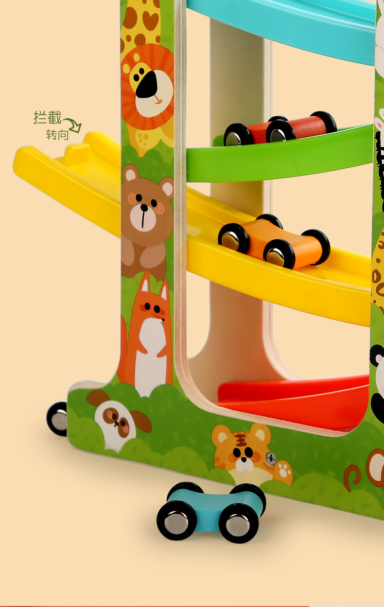 Wooden fun multi-layer track game, gliding car inertial slide with parking lot, beneficial intelligence parent-child toy pic 7