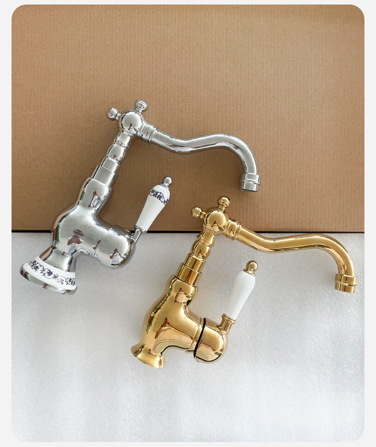法式黄铜复古水龙头厨房家用浴室柜洗漱台面盆冷热防溅水龙头金色详情16