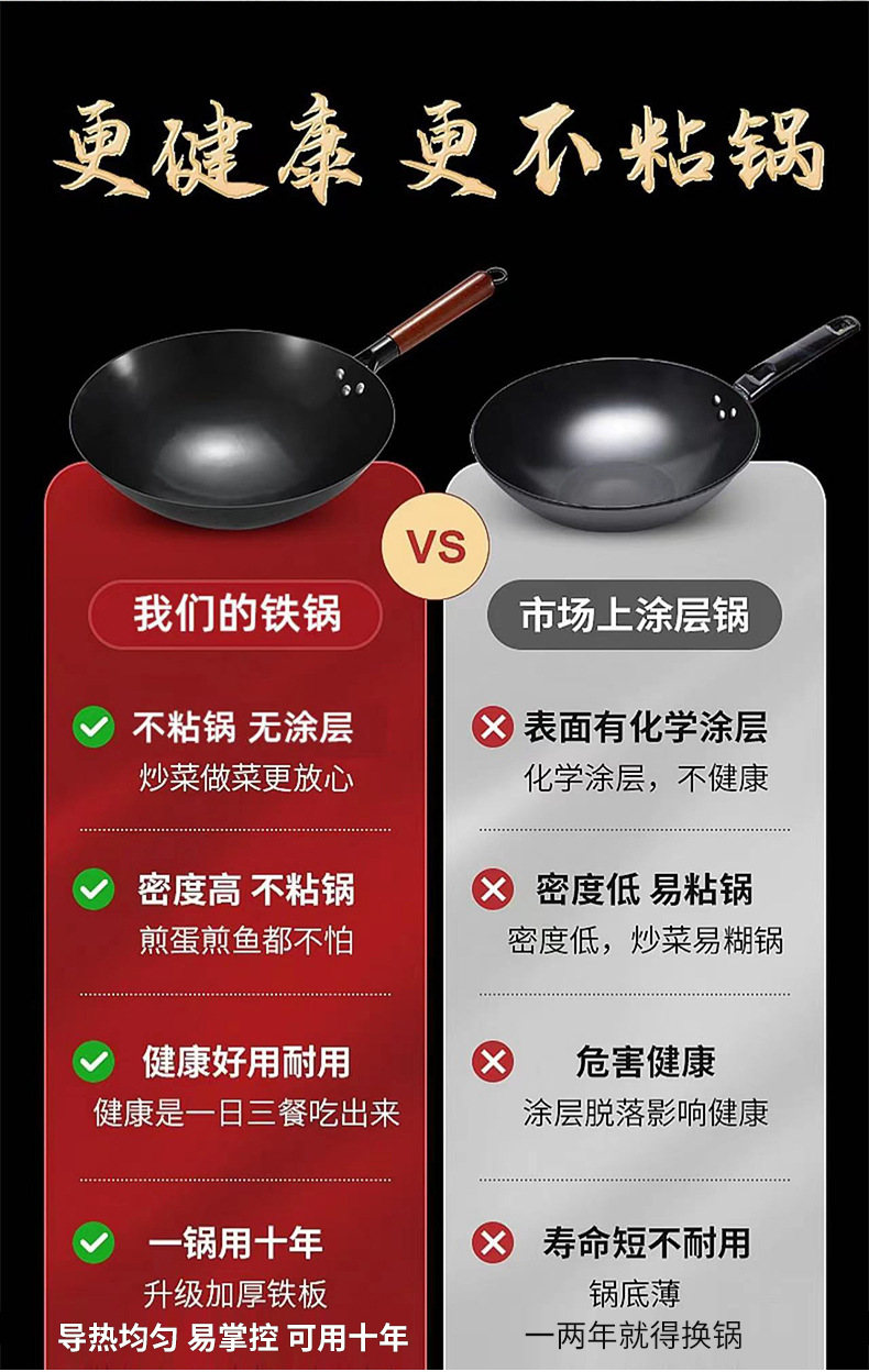 Nitrided extreme iron wok, hand-forged uncoated nitrided iron wok, household cooking non-stick wok, round-bottom gas stove wok pic 3