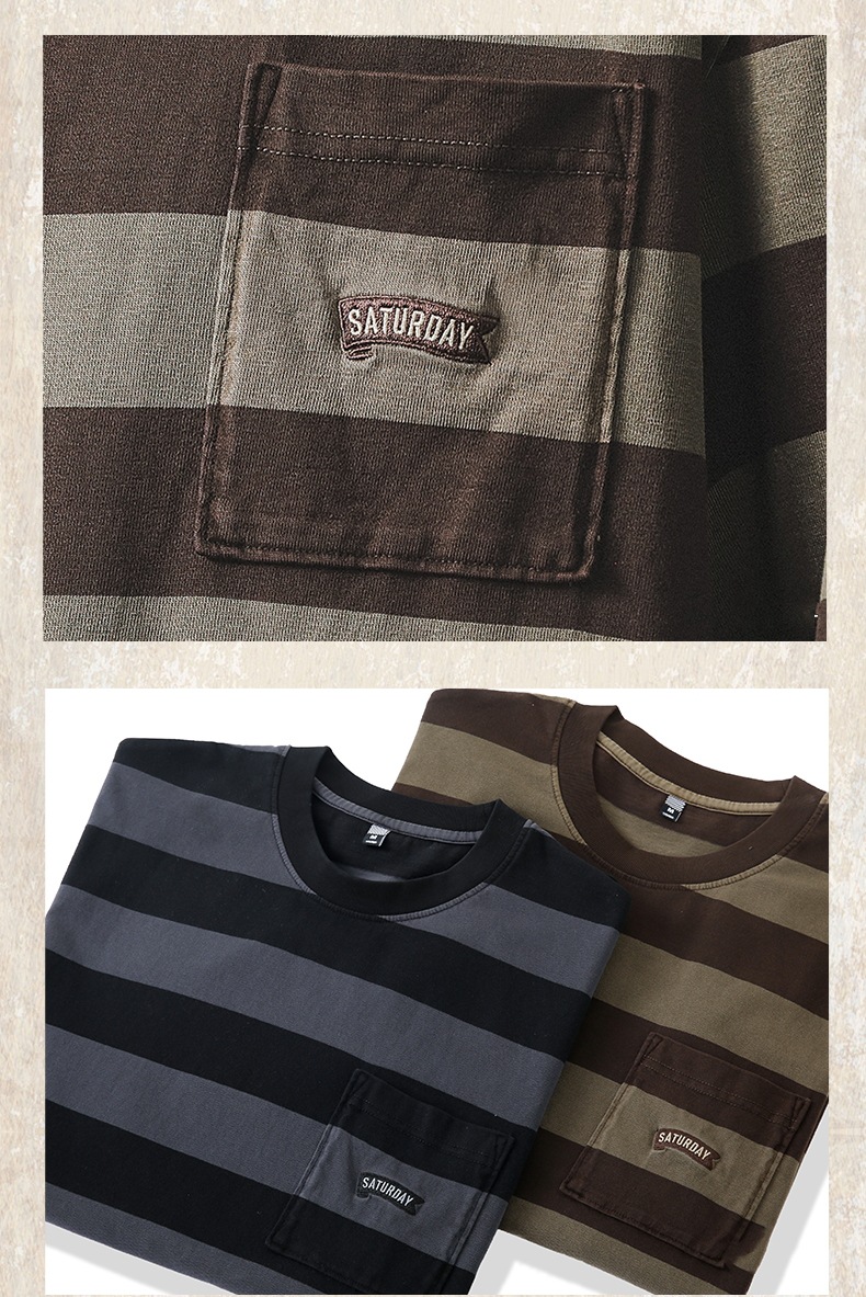 32支双纱平纹纯棉T恤男短袖夏季美式复古重磅宽松大码条纹男体恤详情22