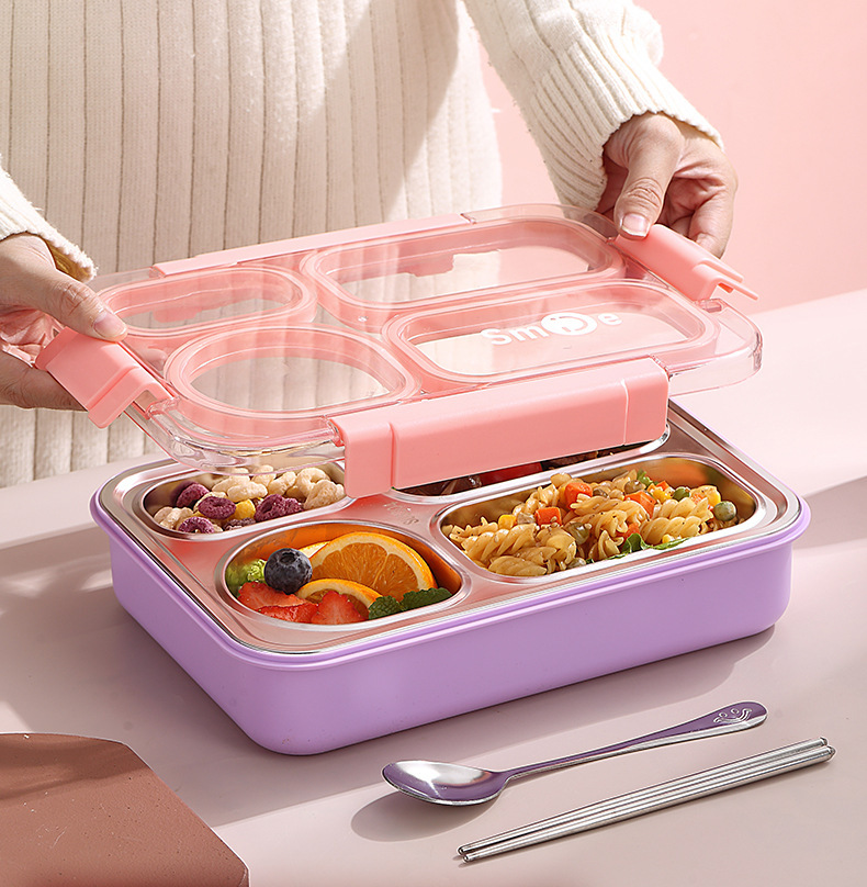 Simple Japanese-style four-compartment lunch box with bowl, 304 stainless steel sealed lunch box, portable lunch box for students and office workers, with spoons and chopsticks pic 7