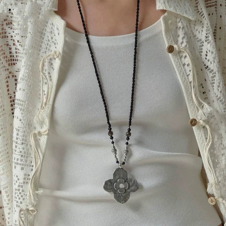 PIC*家烧银花朵项链夏季民族风复古做旧精致高级感繁花长款锁骨链详情6