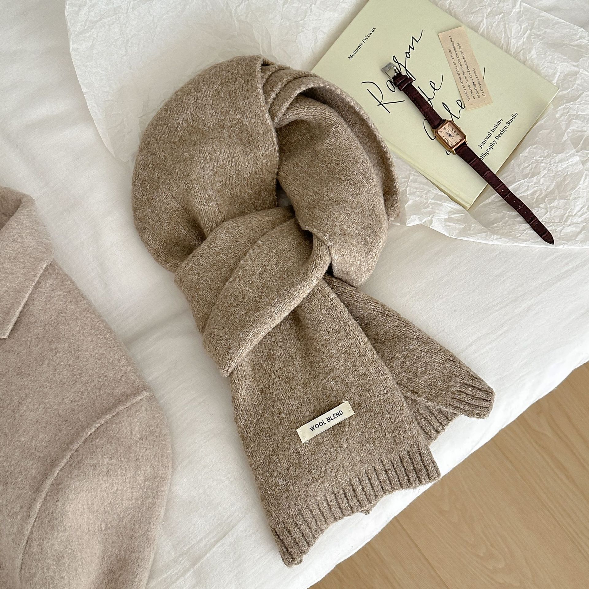 Solid-color wool blend scarf for women, autumn and winter, knitted woolen, warm, Korean-style, versatile, fashionable, fresh and sweet neck pic 38