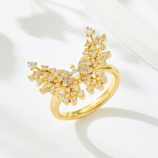 Fashionable, light luxury, dynamic butterfly opening ring, copper alloy, real gold electroplated, slightly inlaid zircon, exquisite adjustable ring pic 6
