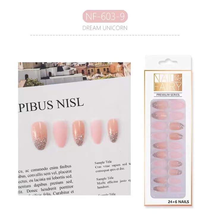 Cross-border exclusive flash pink color-blocking and dazzling nail art, 24 pieces of finished nail art, wearable detachable false nails pic 3