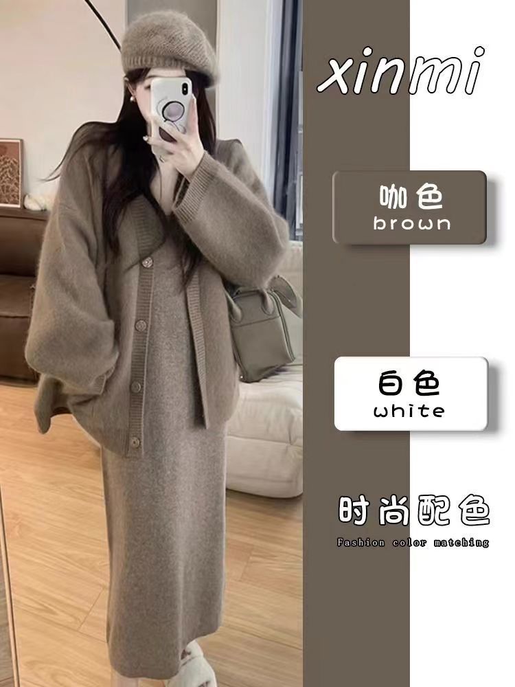 大码胖mm韩系慵懒风针织开衫毛衣女内搭连衣裙两件套秋季2024新款详情8