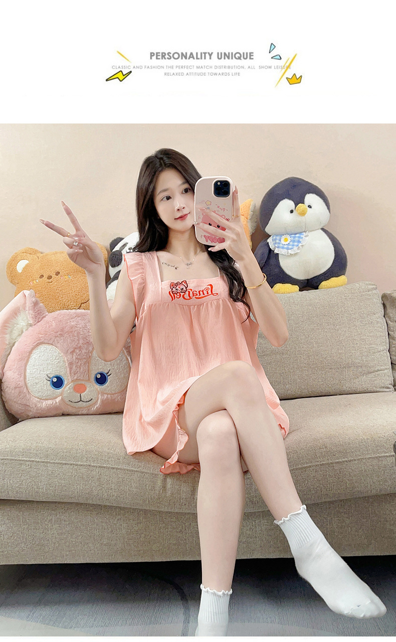 睡衣女夏季云朵棉甜美可爱风短裤吊带带胸垫套头家居服夏款两件套详情16