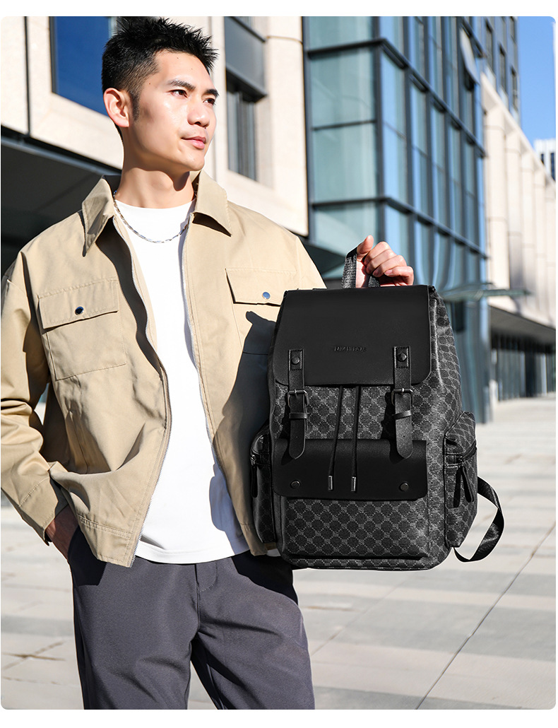 双肩包男士格子通勤休闲上班族背包大容量商务旅行出差工作电脑包详情15