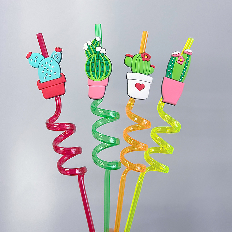 In-stock creative straws, PET spiral-shaped beverage straws, cactus decorative colored artistic plastic straws pic 5