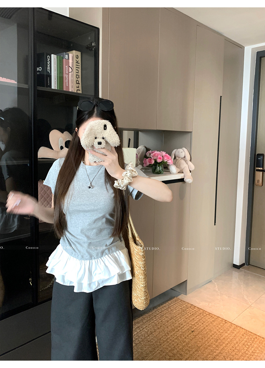 法式荷叶花边下摆拼接白色短袖t恤女夏季设计感修身正肩小衫上衣详情14
