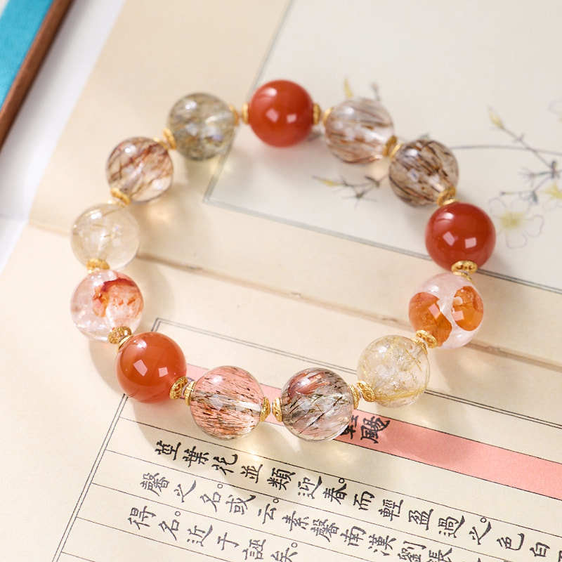 天然黑金超七水晶手链女款 红胶花金发晶川料满肉南红多宝手串 批发精选款式手链详情4