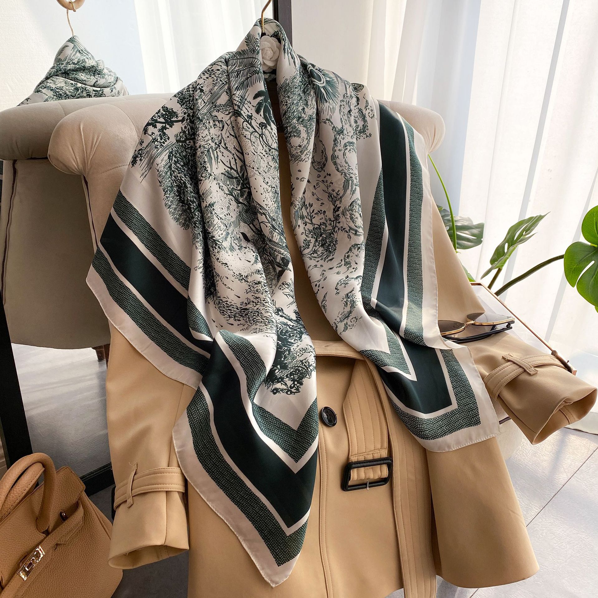 New faux silk scarf for women, 110cm plain weave large square scarf, versatile printed decorative sun protection shawl, summer wholesale pic 6