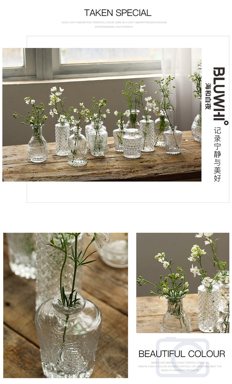 Retro light luxury embossed transparent French glass small vase, ins style home decoration, pocket-sized living room flower arrangement vase pic 14