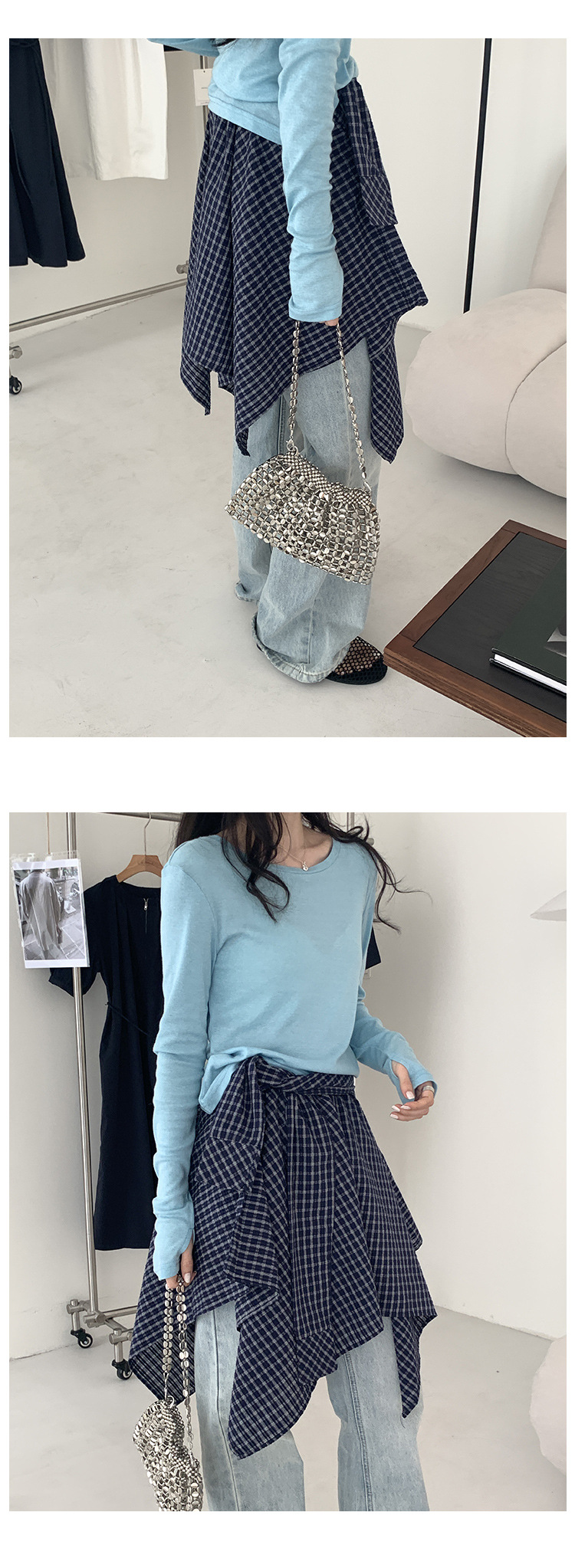 时髦不规则解构拼接格纹半身裙女夏季2025新款衬衫式绑带a字短裙详情15