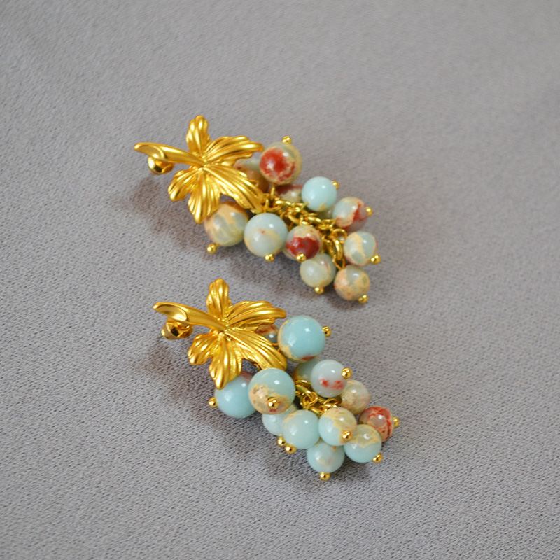 欧美复古文艺石头串珠树叶葡萄珍珠法式小众气质925银针耳环耳饰详情10