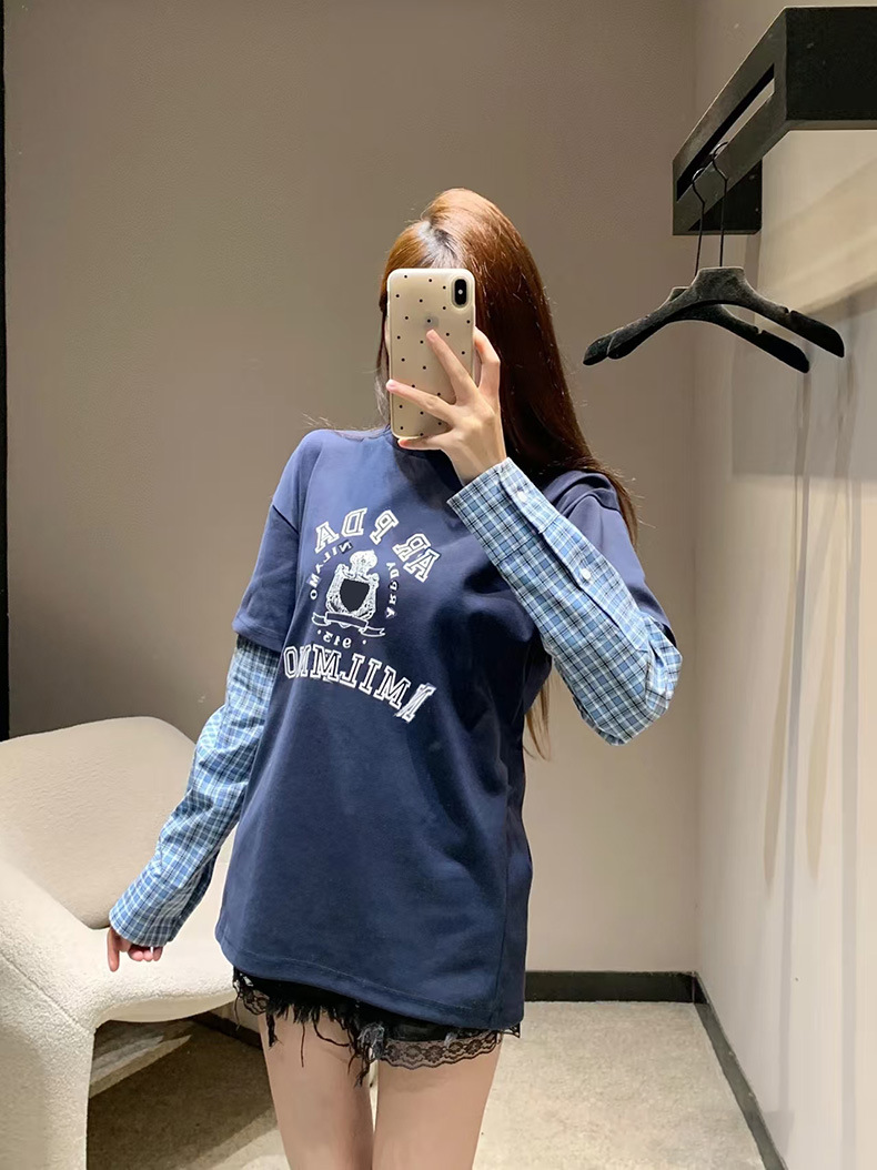 2025夏季新款设计感格纹拼接假两件长袖T恤女时尚休闲减龄上衣女详情8