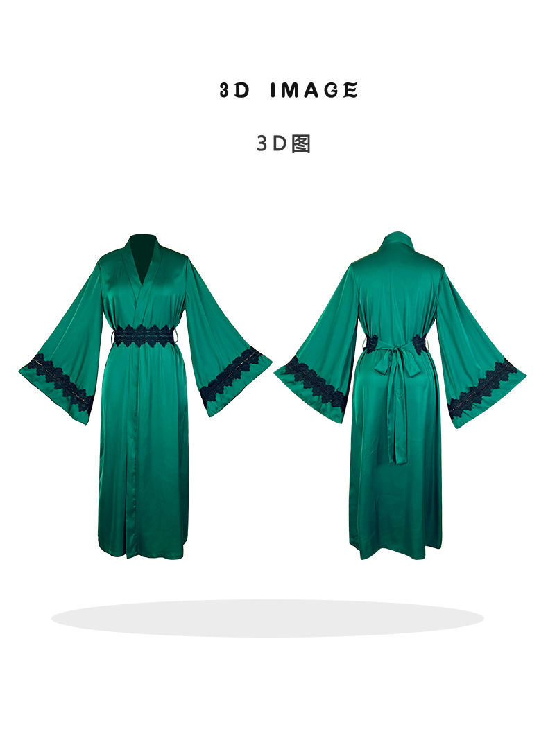 Sexy and light luxury lady's satin bathrobe with water-soluble floral decoration, flared sleeves, cinched waist and tie, foreign trade style home wear 1145 pic 16