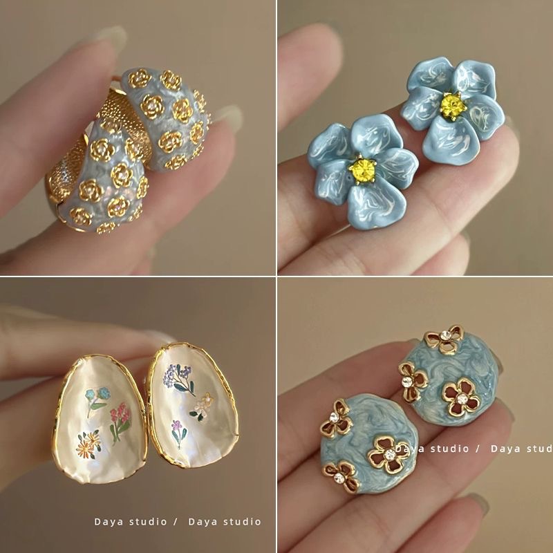 浮雕雾霾蓝法式复古滴釉玫瑰花朵锆石耳环女轻奢高级感小众气质详情6