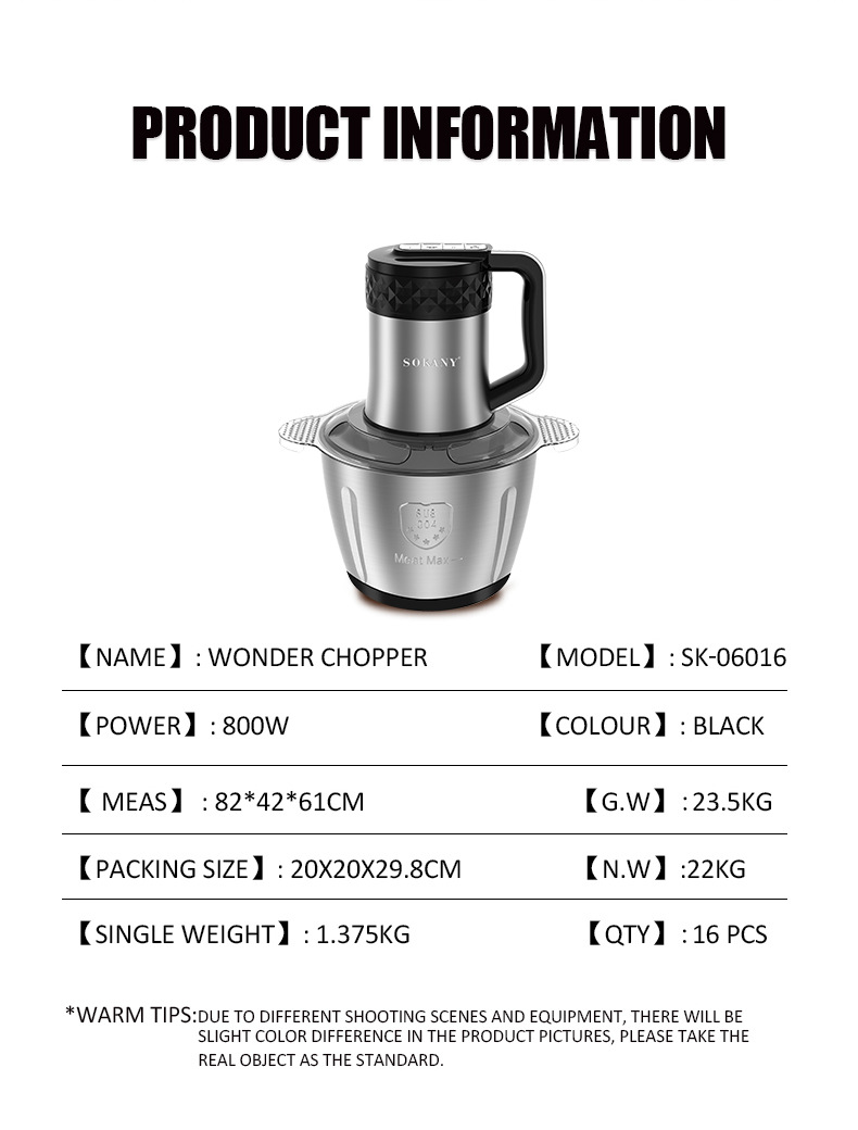 Foreign trade SOKANY06016 stainless steel 3L meat grinder, household electric mixer, vegetable and meat slicer pic 3