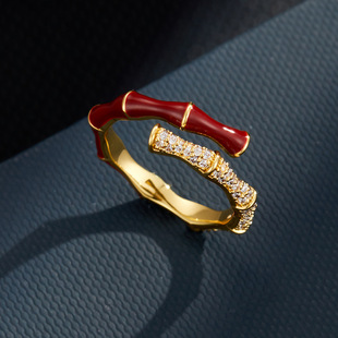 A light luxury double-layer overlapping bamboo-joint open ring with a high-end feel. It is made of copper alloy, set with zircon, and electroplated with real gold for adjustment pic 1