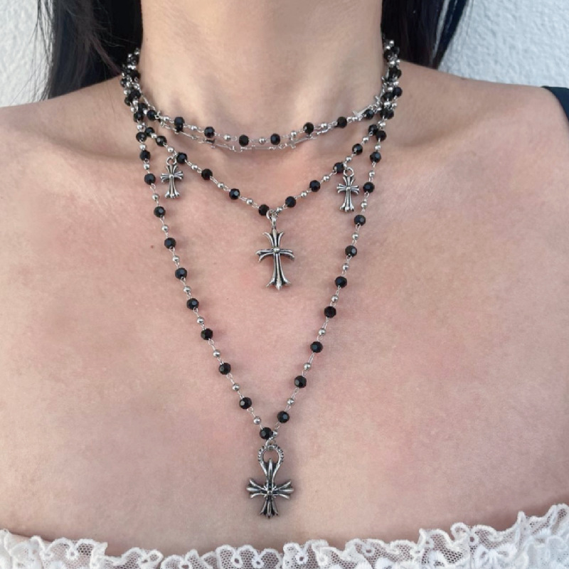 Retro cross-flower pendant black bead necklace, multi-layer layered punk, ins style, high-end collarbone chain, hot girl necklace pic 3
