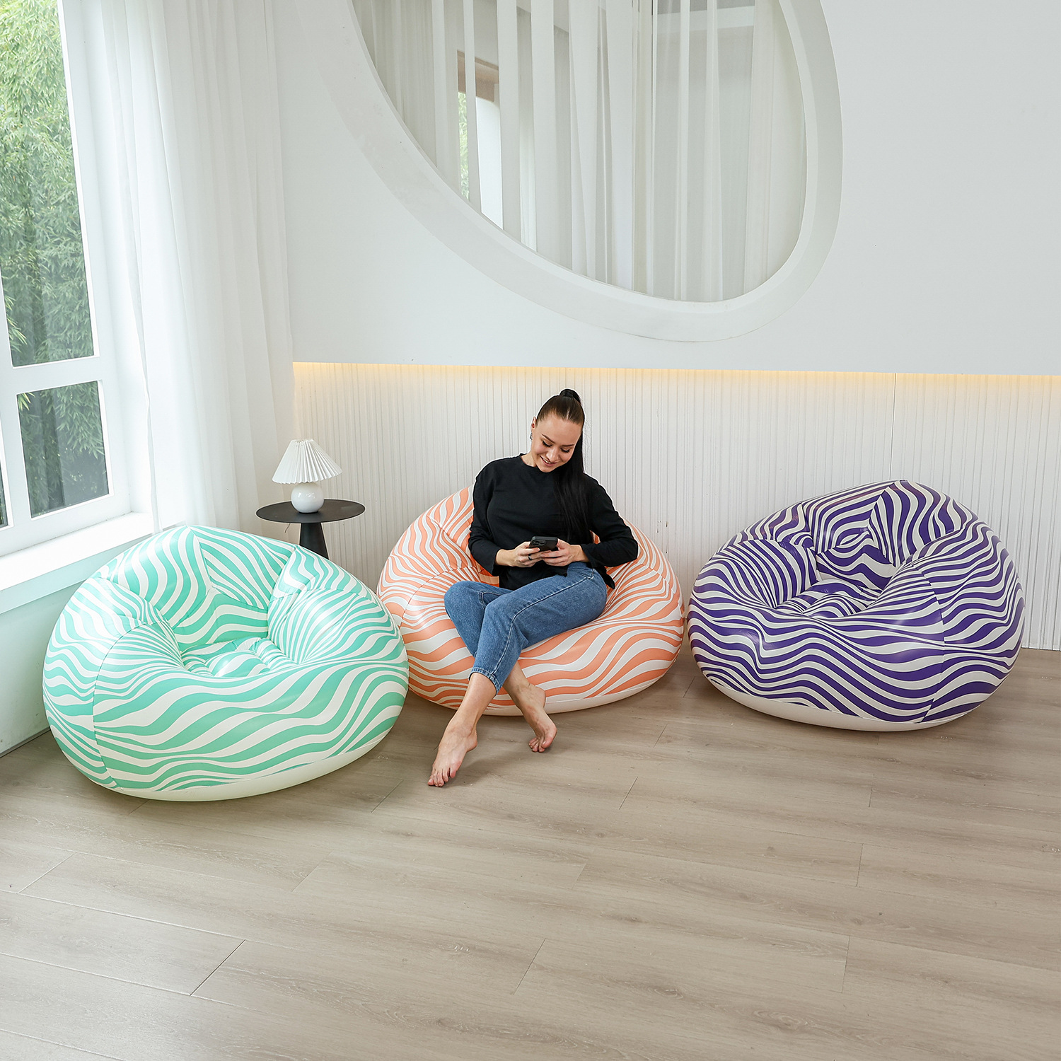 New inflatable striped spherical sofa, office nap bed, indoor lazy chair, 3D printed lounge chair, photography gift, lounge chair, single-person leisure inflatable sofa, new design, popular for taking photos, comfortable and thickened pic 14