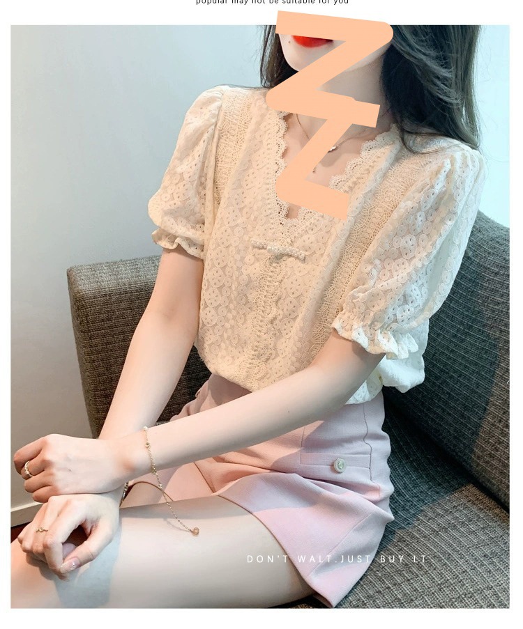 法式短袖蕾丝衬衫女夏装2024新款中式盘扣小衫高级感气质显瘦上衣详情5