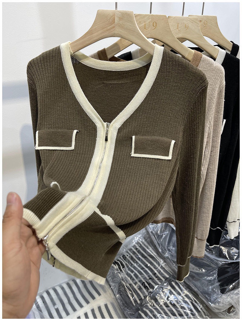 A 200-pound large-sized chanel-style knitted cardigan for early autumn, a V-neck double zipper loose, waist-cinching and slimming base layer for women pic 23