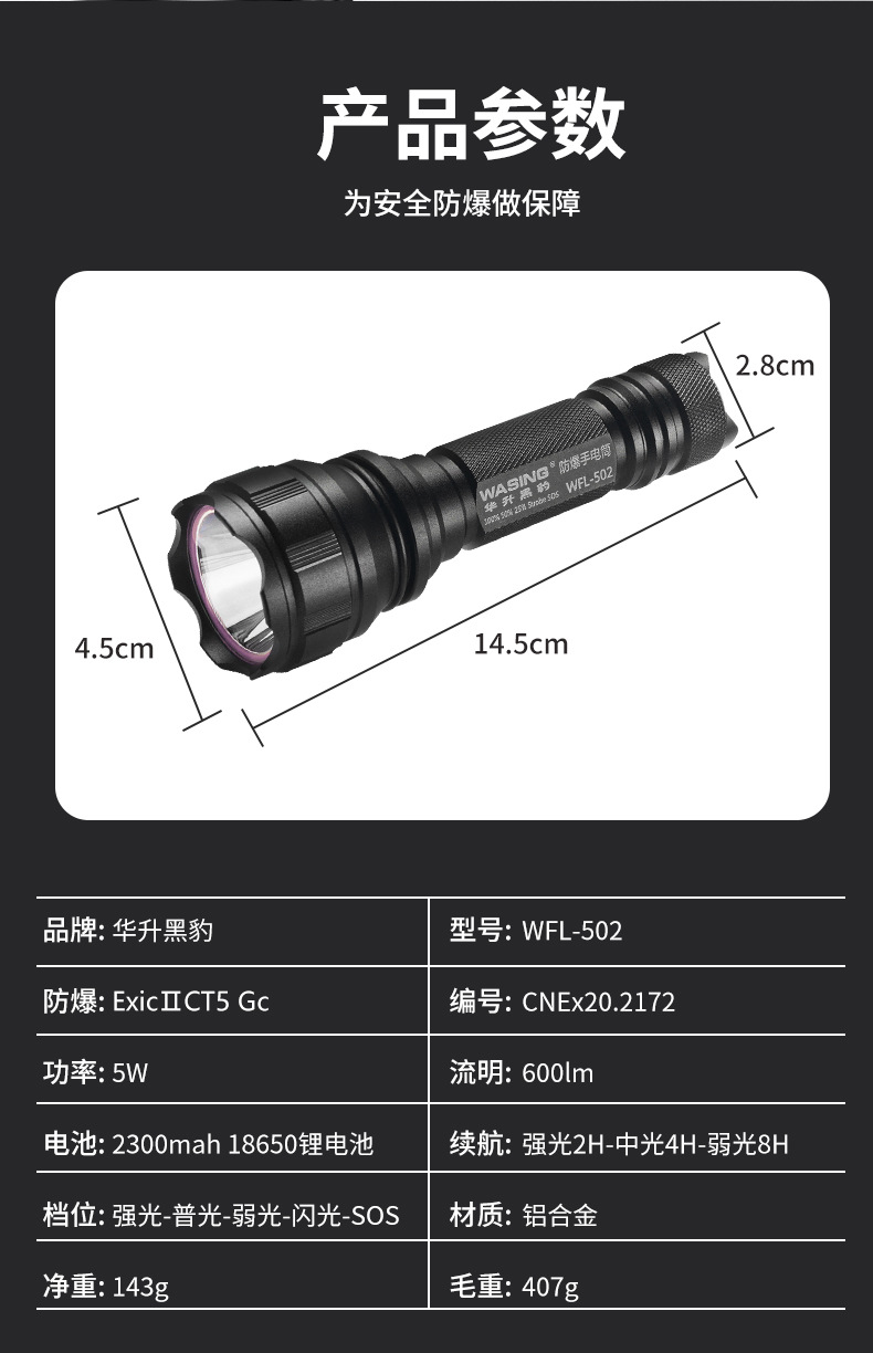 华升黑豹WFL-502防爆手电筒带证书LED强光充电加油站化工厂专用详情13