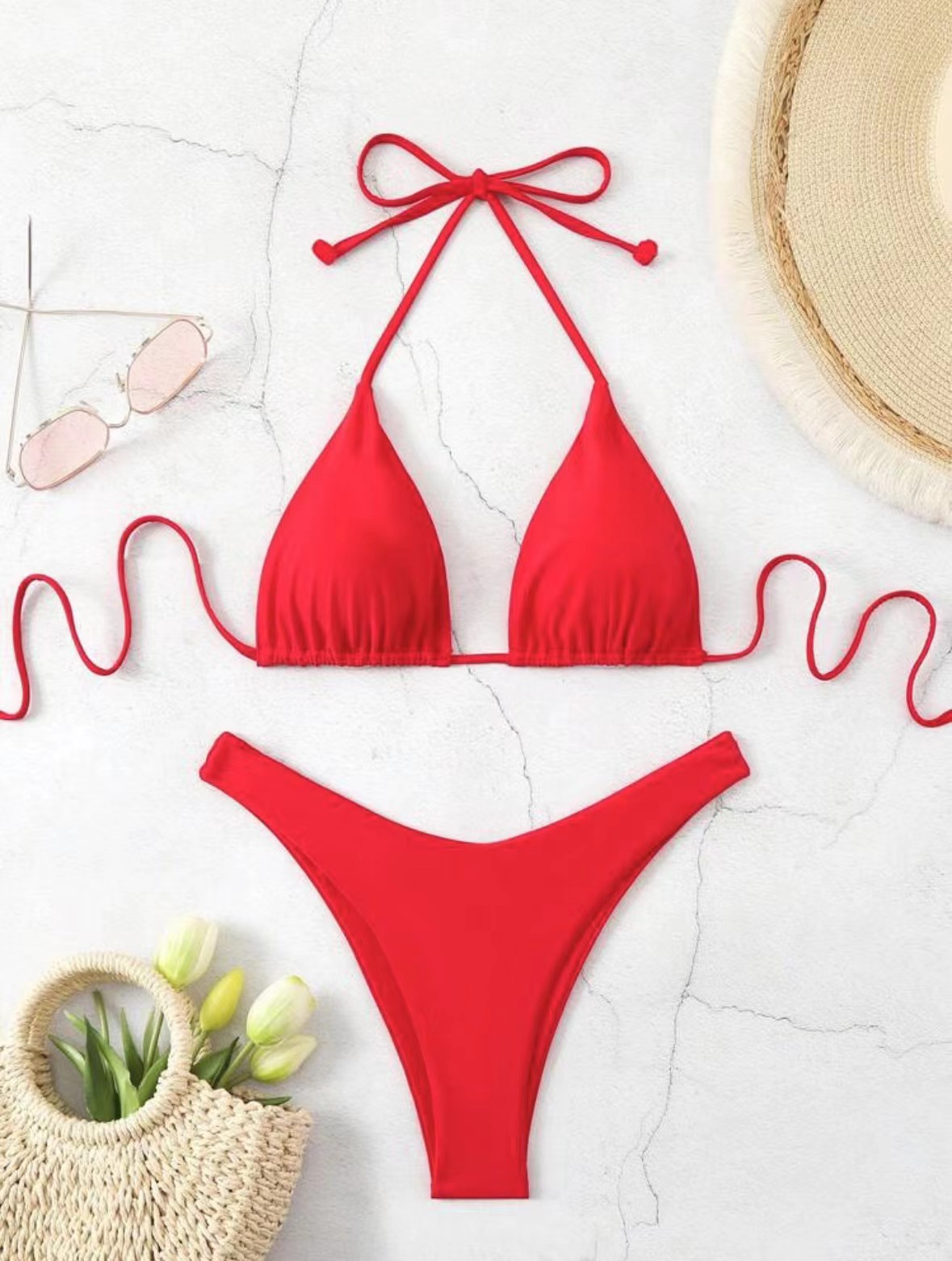 2026 New European and American strappy bikini swimsuit for women, solid color two-piece set, sexy split swimsuit cross-border pic 15