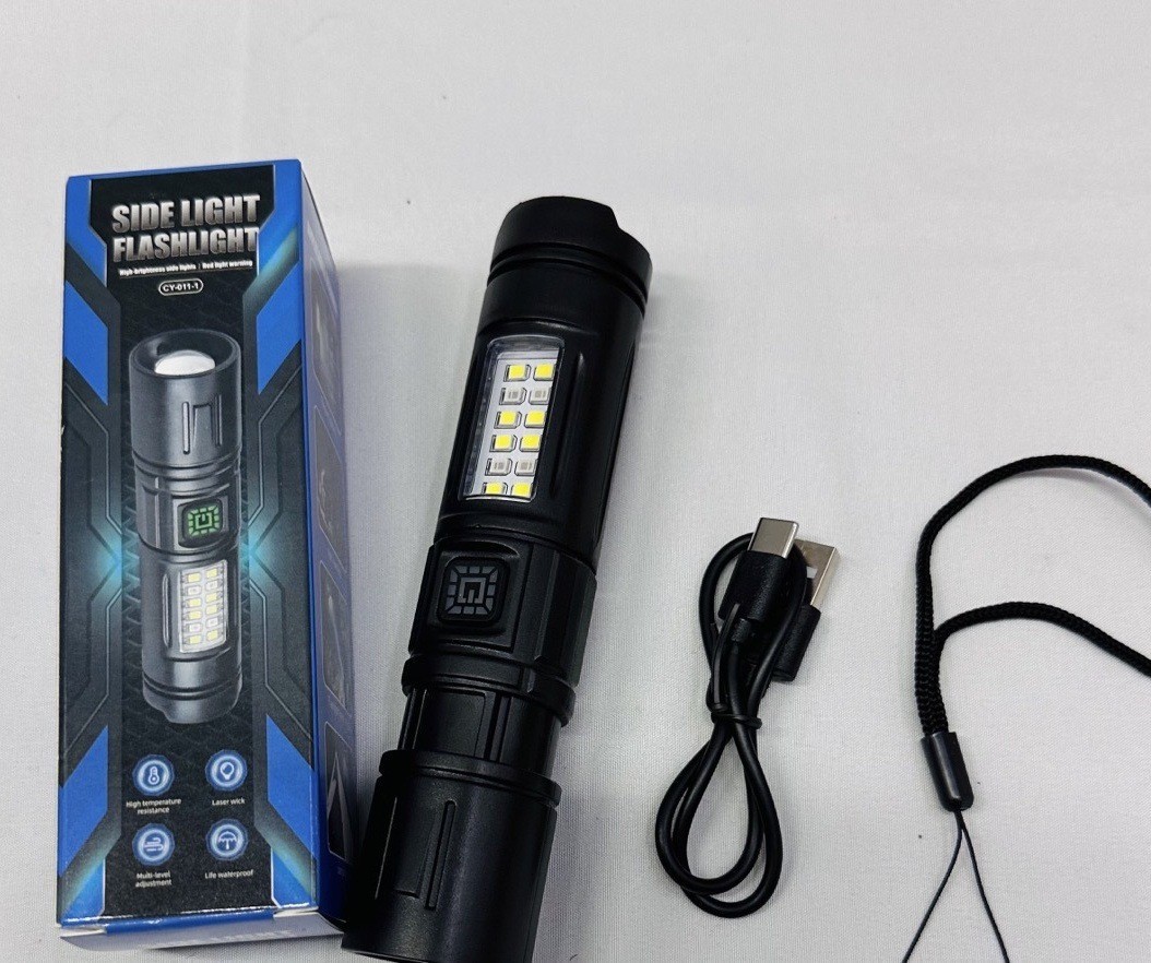 TY-9307迷你LED手电筒强光镭射炮带侧灯变焦充电应急长续航日用照明手握式电筒详情9