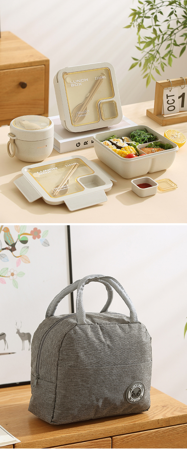 Japanese-style wheat straw water cup, oat cup, insulated lunch box, lunch box, student tableware for work, hand-held set pic 15