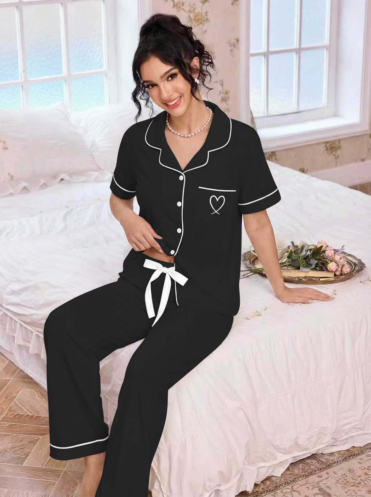 亚马逊欧美家居服套装翻领开衫短袖长裤爱心绣花睡衣女外贸独立站详情17