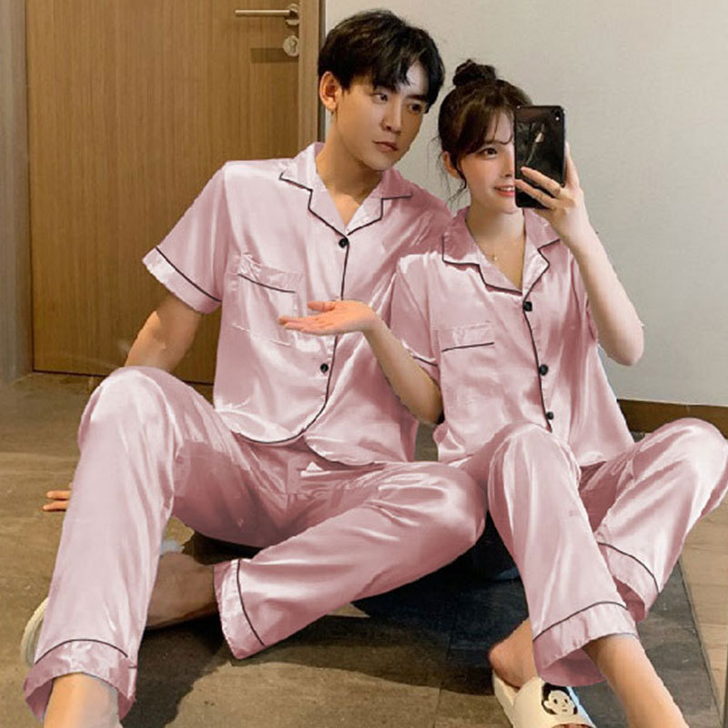 A wholesale set of short-sleeved couple pajamas for spring and autumn, featuring solid ice silk color faux silk for both men and women, can be worn as outerwear for home wear pic 10