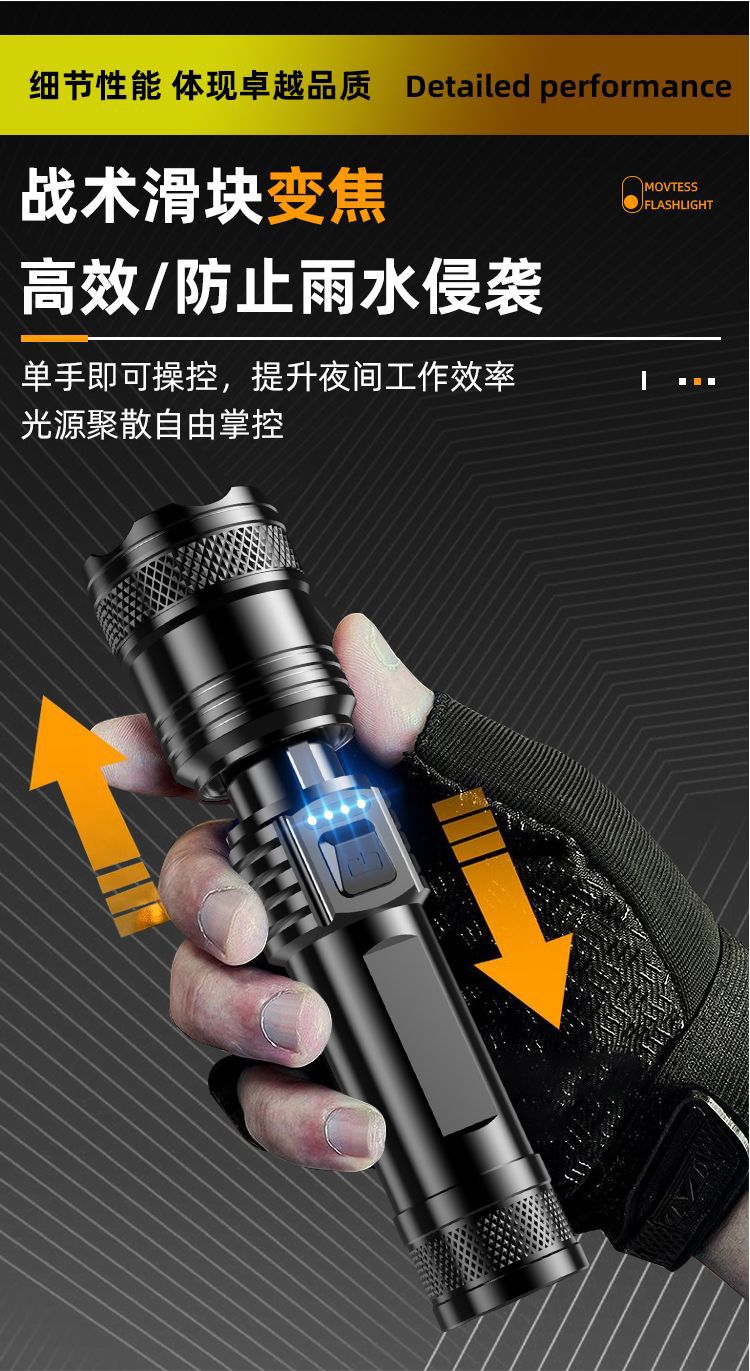 抖音跨境款强光手电筒电显可充电远射伸缩调焦高亮户外照明可代发详情9