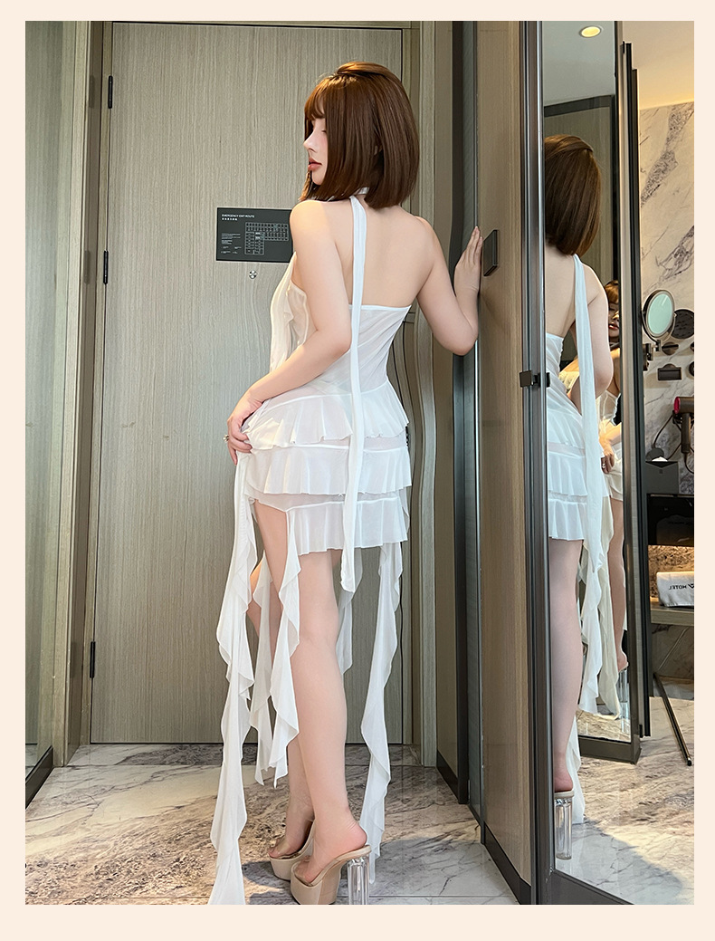 菲韵挂脖网纱飘带性感睡裙多色透视诱惑修身设计女士情趣睡衣975详情9