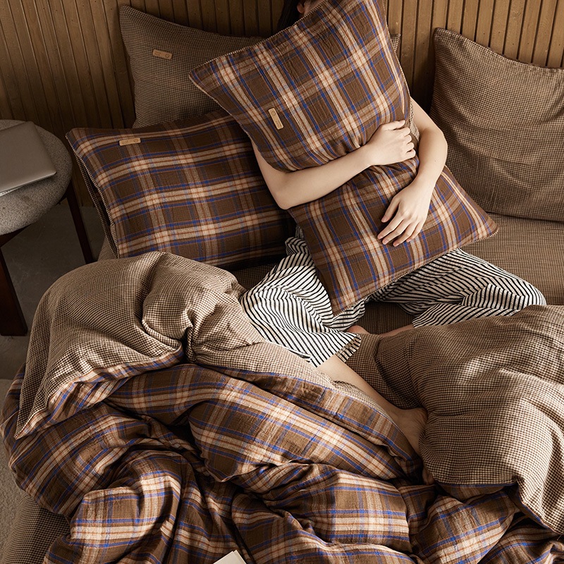 All-cotton Class A double-layer yarn four-piece set, double-layer yarn quilt cover and bed sheet four-piece set, pure cotton double-layer yarn checkered four-piece set pic 37