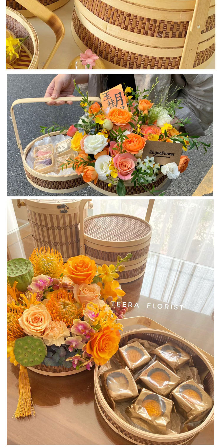 中秋节月饼鲜花手提花篮圆形竹编双层篮花艺插花篮新中式水果花盒详情7