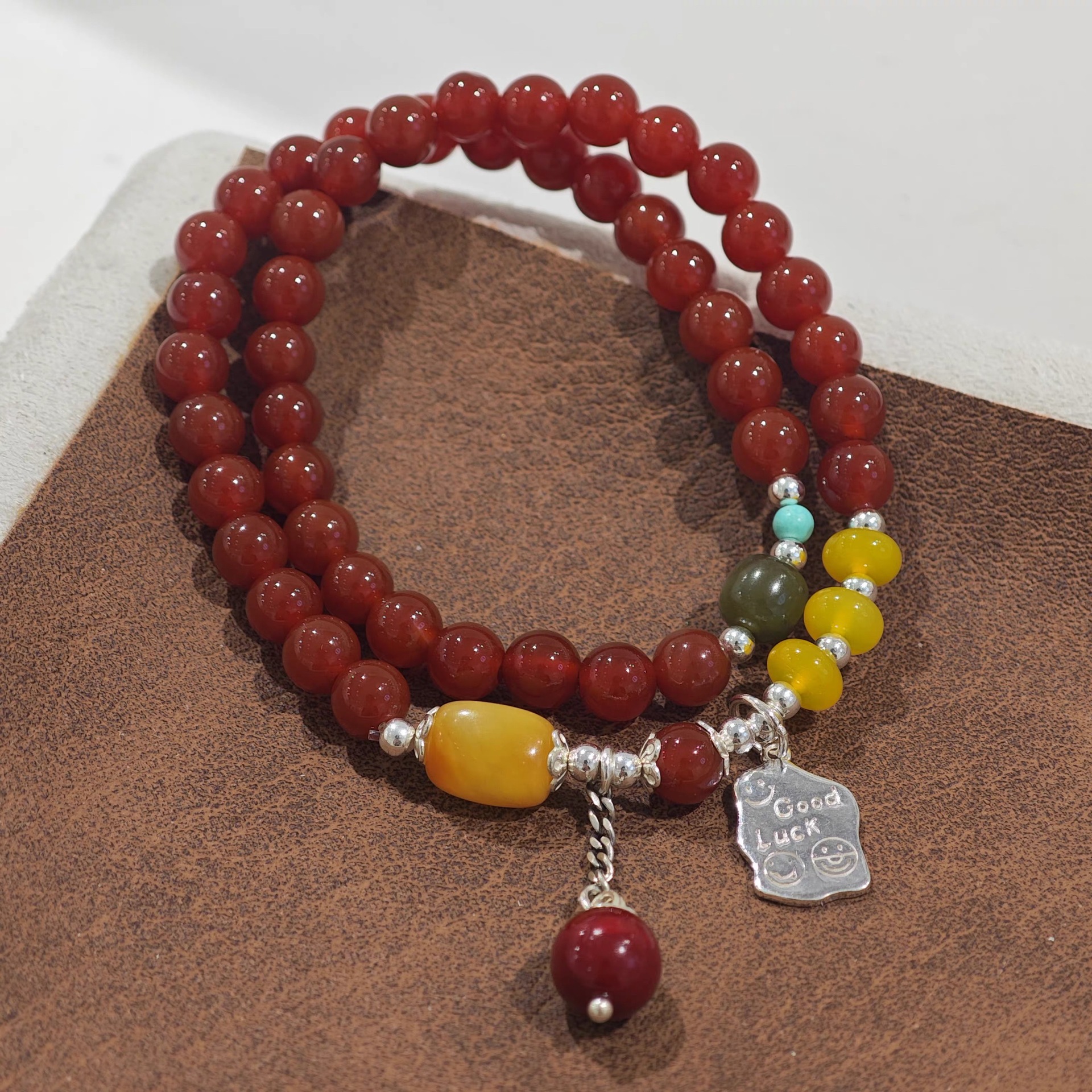 S925 sterling silver 11.28 double-ring red agate Goodluck bracelet, a fashionable, light luxury and versatile new Chinese-style beeswax bracelet pic 1