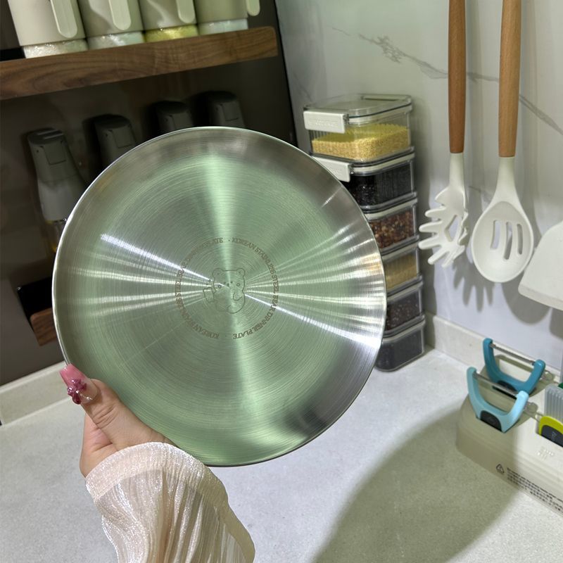 Korean-style InS-style bear stainless steel plate, round plate, multi-functional plate, barbecue plate, tray, cute picnic plate pic 2